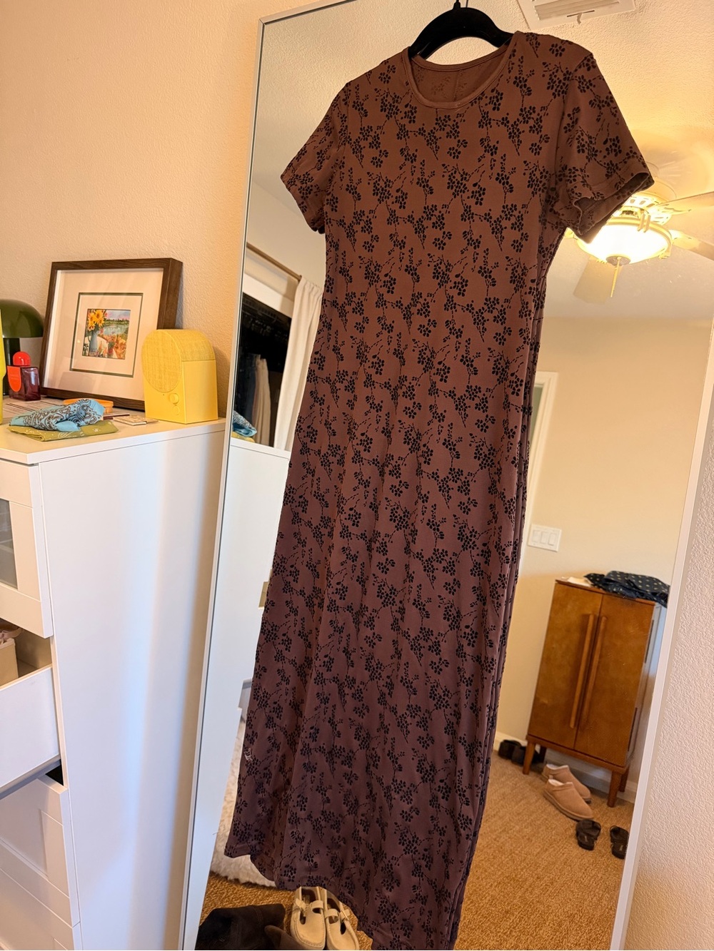 Vintage Y2K Brown Flocked Floral Maxi Dress XS/S Velvet Burnout Slip Dress